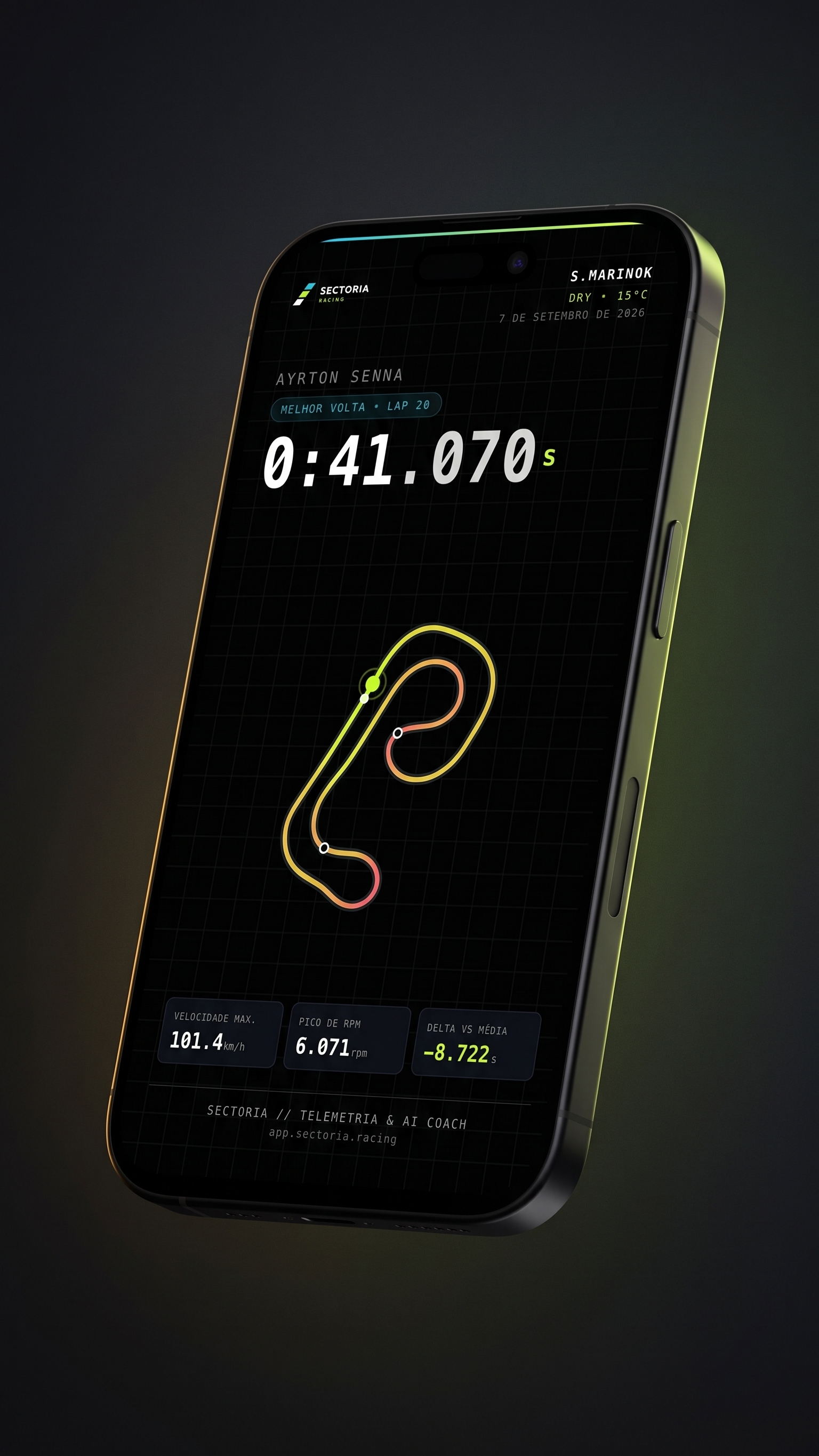 Story 9:16 da Sectoria Racing com traçado em mapa de calor e telemetria